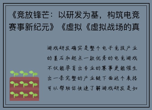 《竞放锋芒：以研发为基，构筑电竞赛事新纪元》《虚拟《虚拟战场的真实较量：游戏研发如何重塑电竞生态》